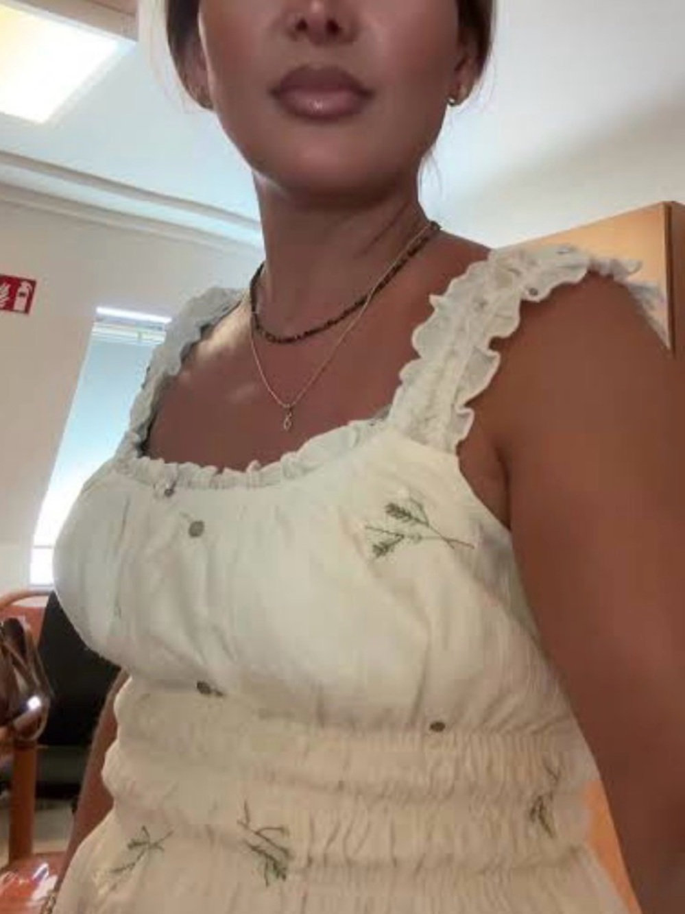 Smocked Cream Floral-Embroidered Ruffle Strap Camisole